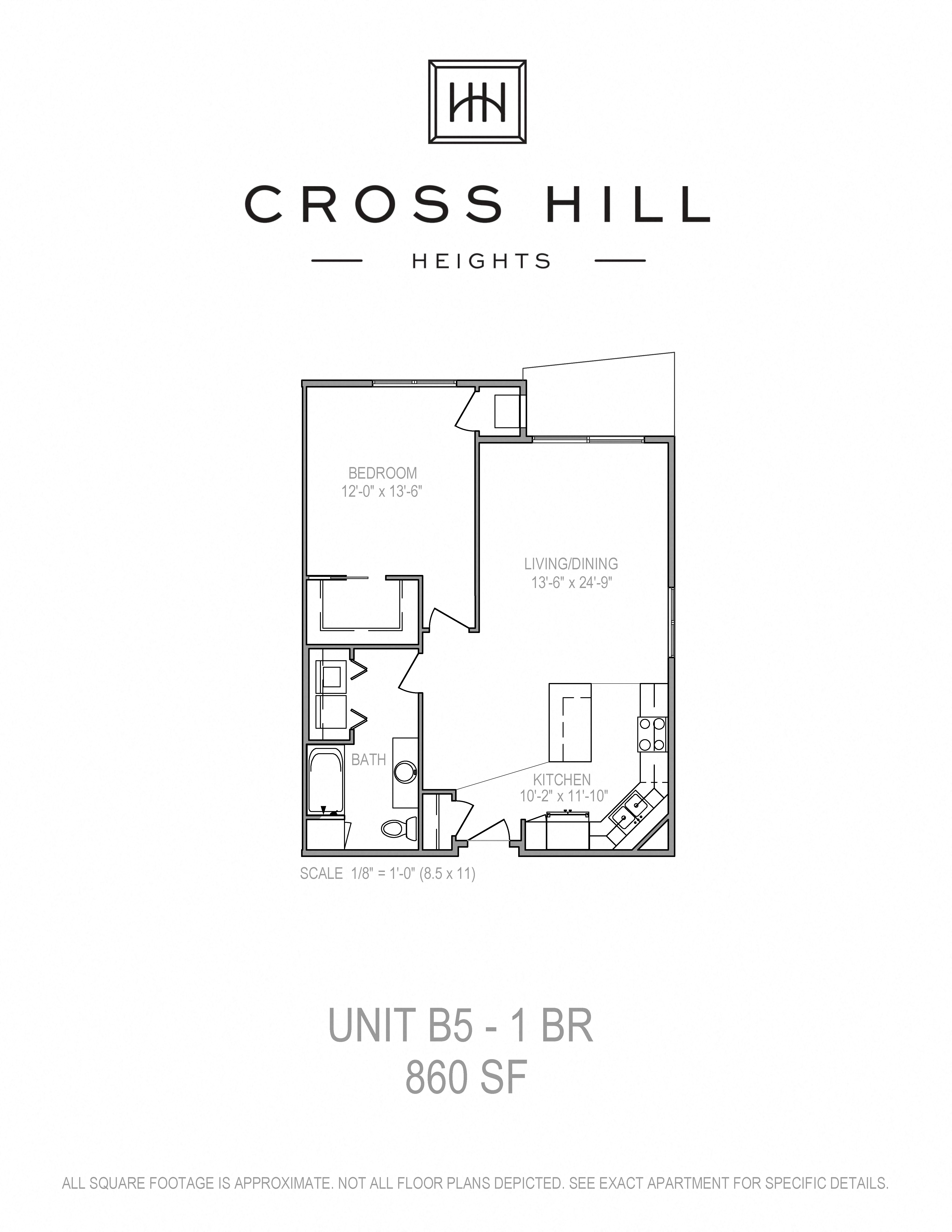 Floor plan for 1 bed, 1 bath, 860 sqft